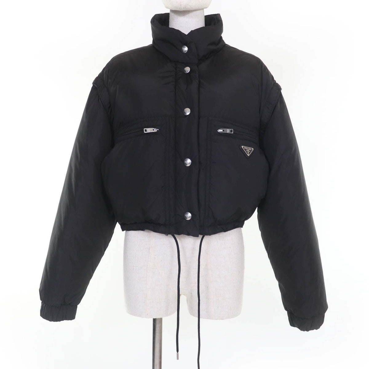 Prada Re-Nylon Triangle Logo Cropped 2-Way Down Jacket Black 40