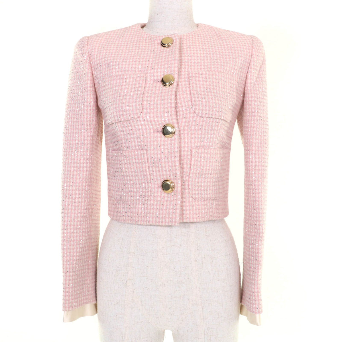 Miu Miu Cropped Length Sequin Decoration Tweed Jacket Pink 36 — view 2