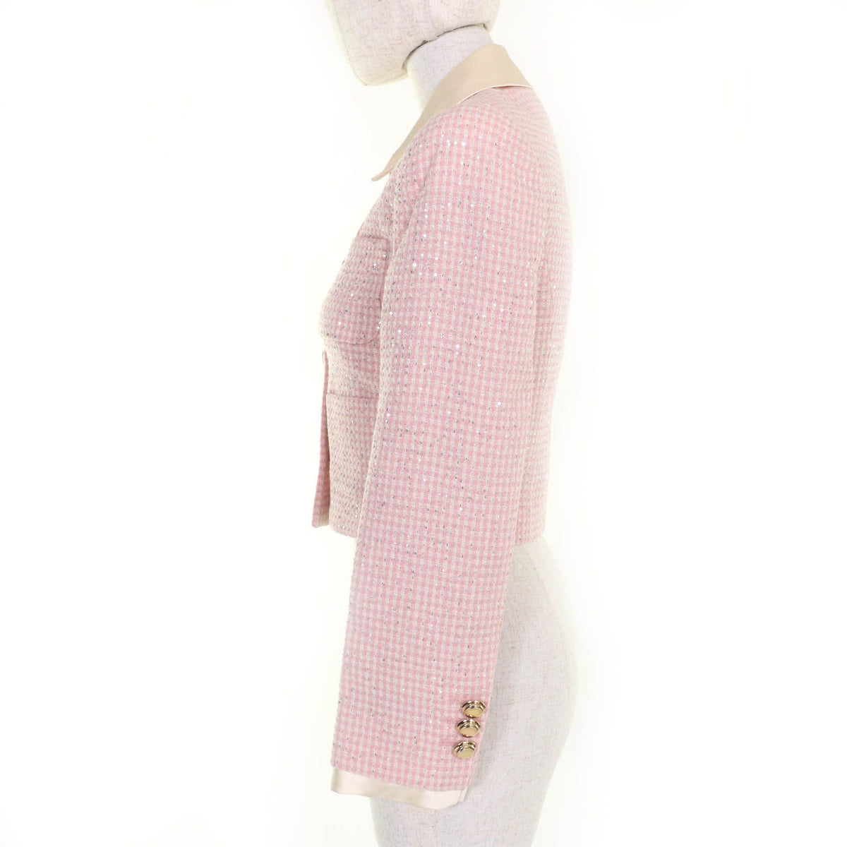 Miu Miu Cropped Length Sequin Decoration Tweed Jacket Pink 36 — view 3