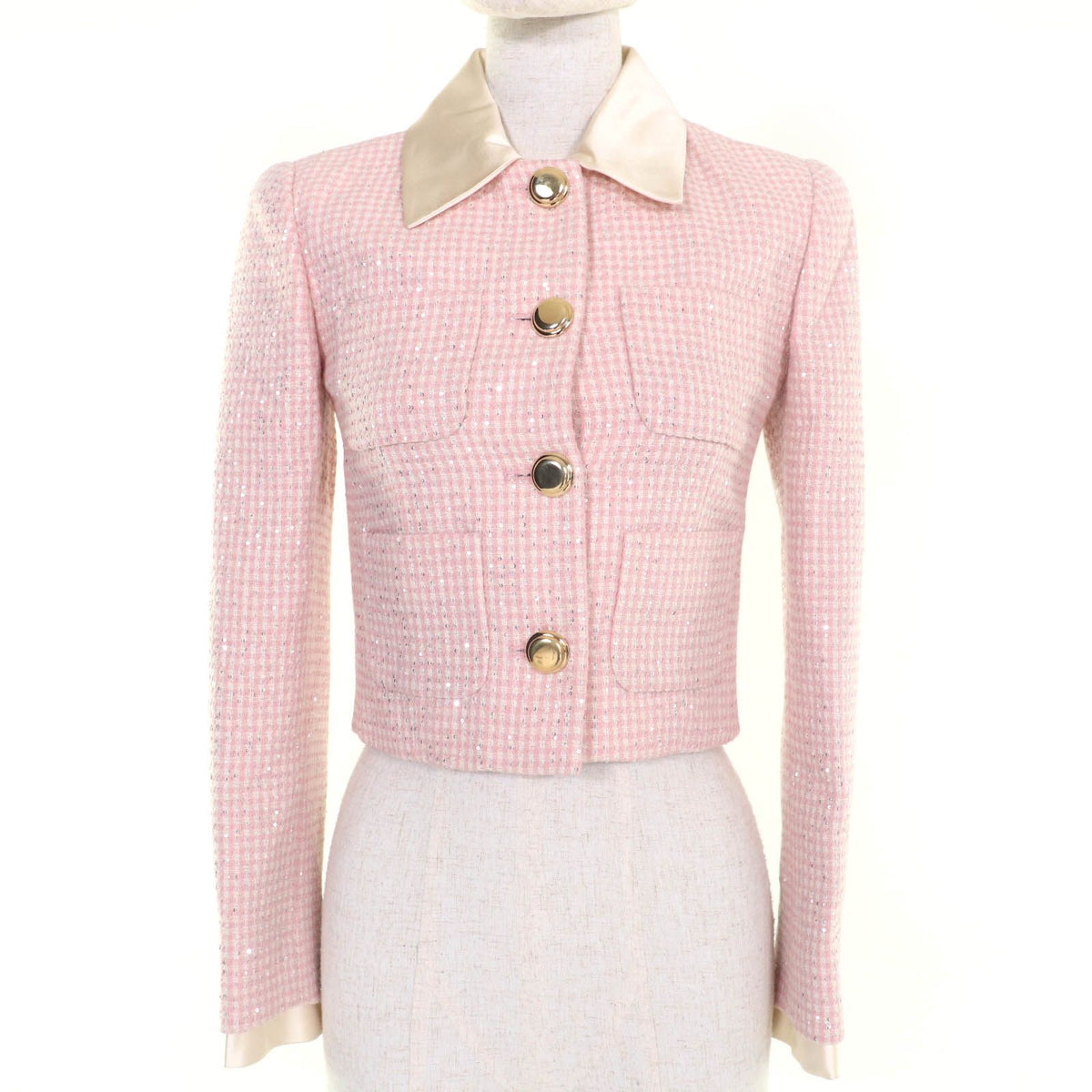 Miu Miu Cropped Length Sequin Decoration Tweed Jacket Pink 36