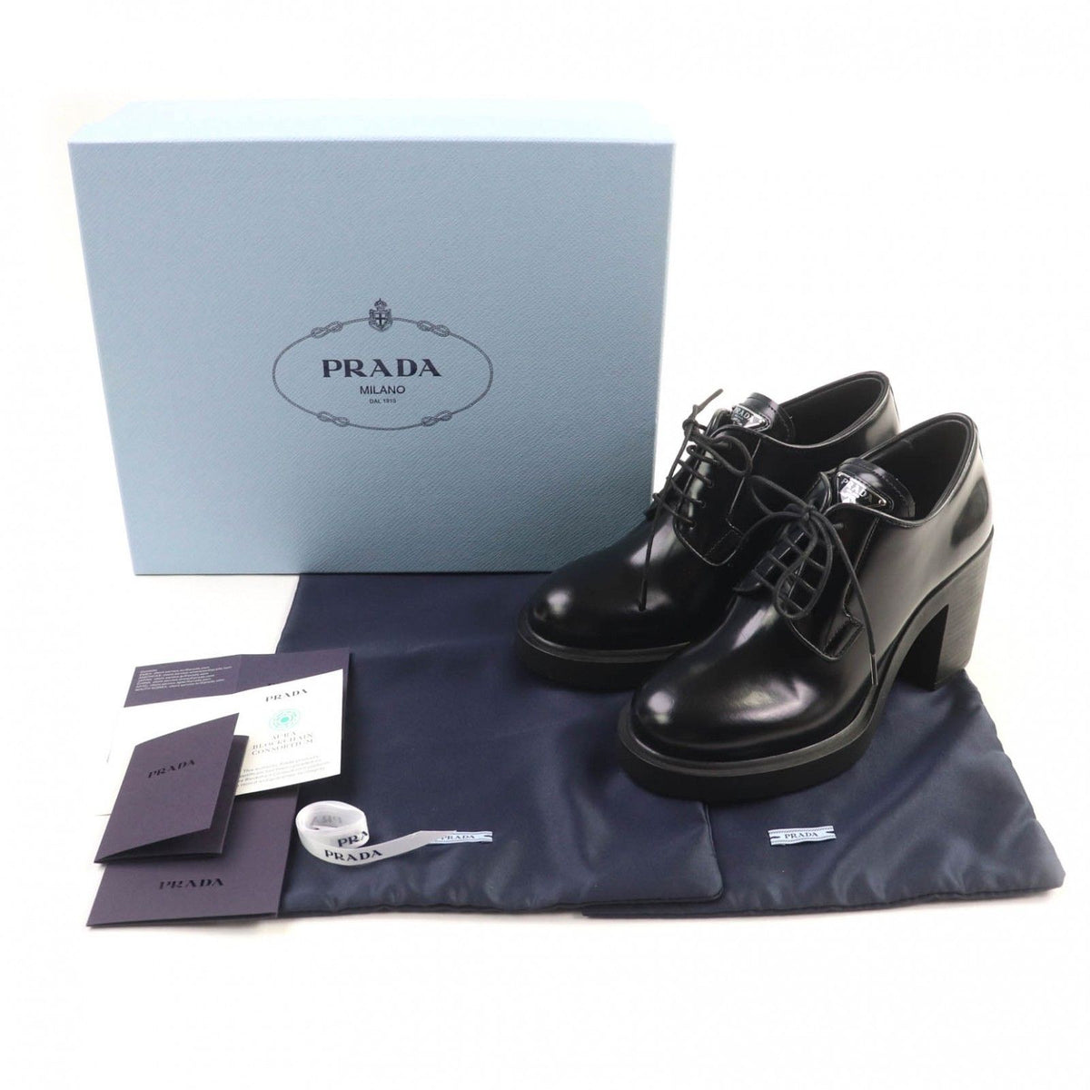 Prada Triangle Logo Chunky Heel Leather Loafers Black — view 2