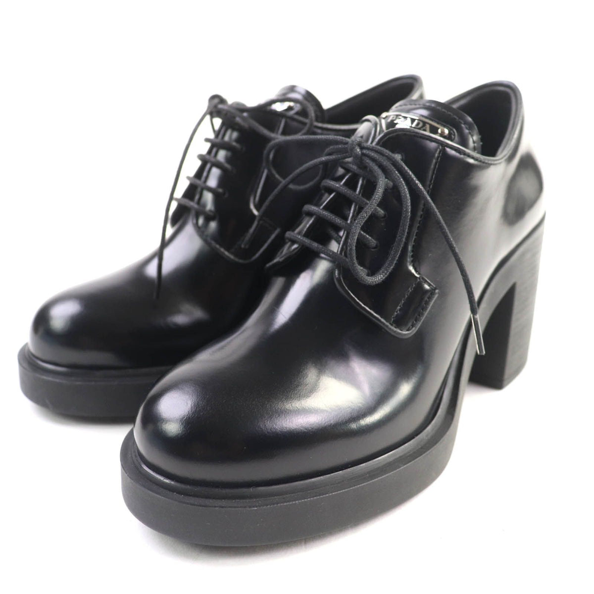 Prada Triangle Logo Chunky Heel Leather Loafers Black