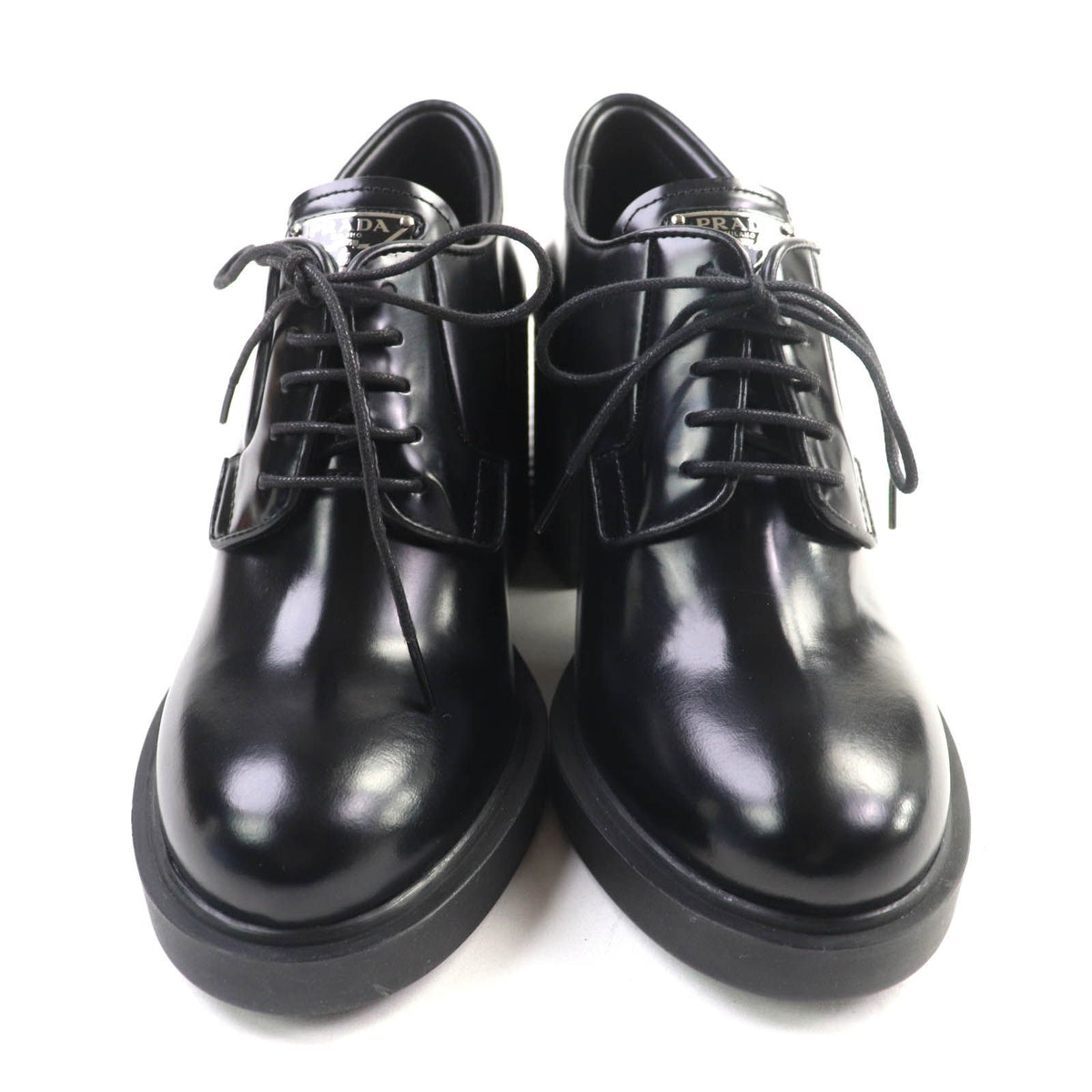 Prada Triangle Logo Chunky Heel Leather Loafers Black — view 4