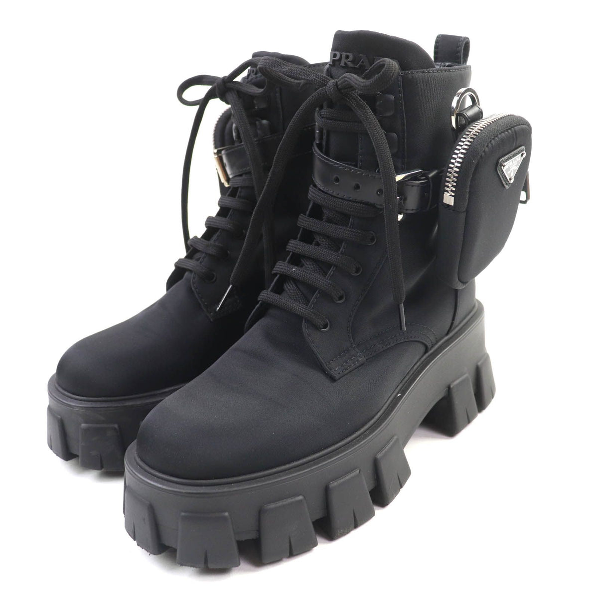 Prada Monolith Triangle Logo Re-Nylon Lace-up Short Boots Black