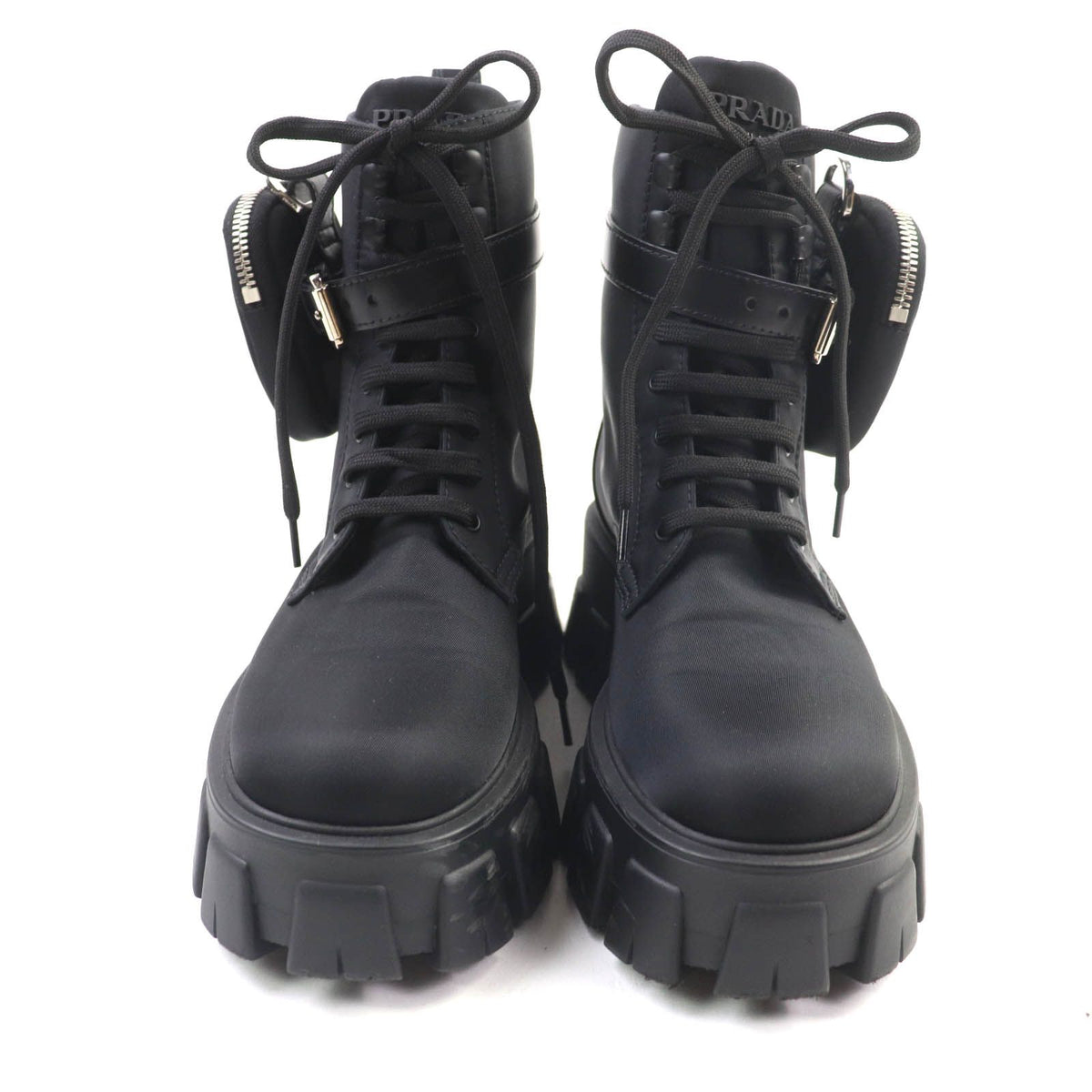 Prada Monolith Triangle Logo Re-Nylon Lace-up Short Boots Black — view 3