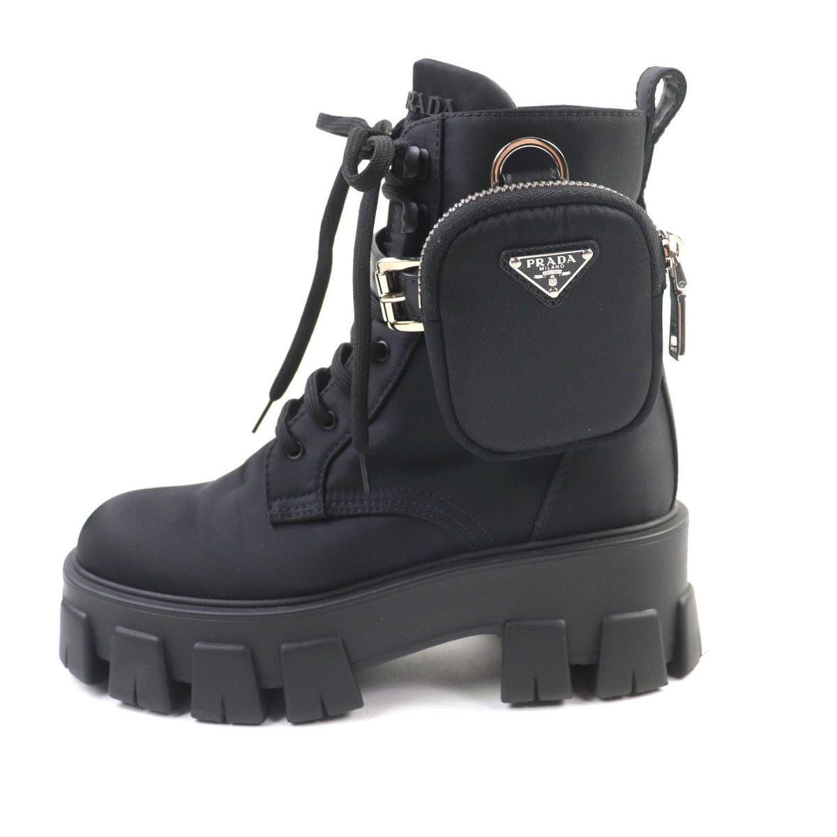 Prada Monolith Triangle Logo Re-Nylon Lace-up Short Boots Black — view 4