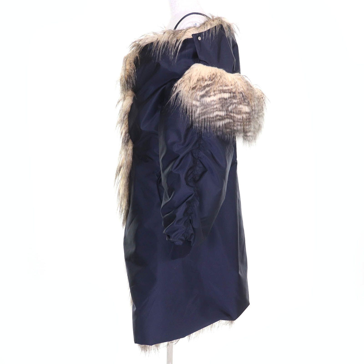 Prada Triangle Logo Eco Fur Hooded Re-Nylon Long Coat Navy 36 — view 2