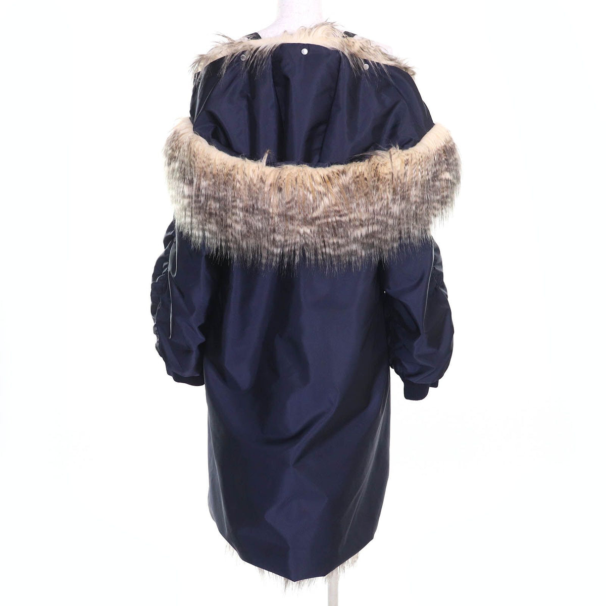 Prada Triangle Logo Eco Fur Hooded Re-Nylon Long Coat Navy 36 — view 3