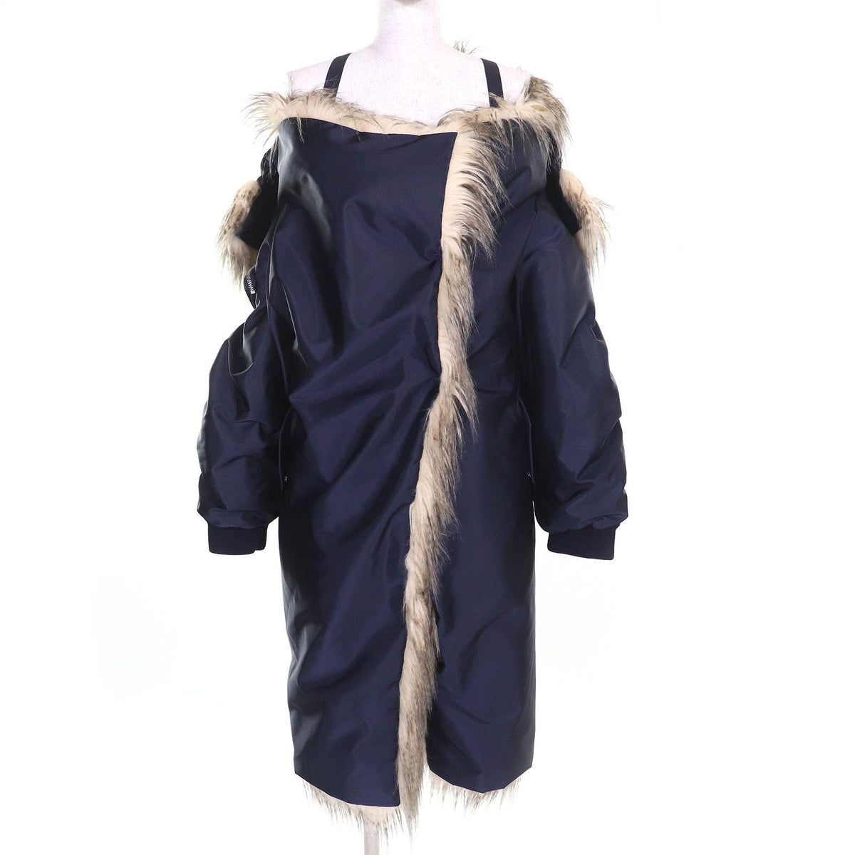 Prada Triangle Logo Eco Fur Hooded Re-Nylon Long Coat Navy 36