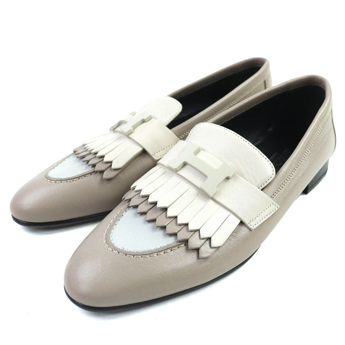 Hermes Royale H Logo Moccasins Leather Loafers Beige