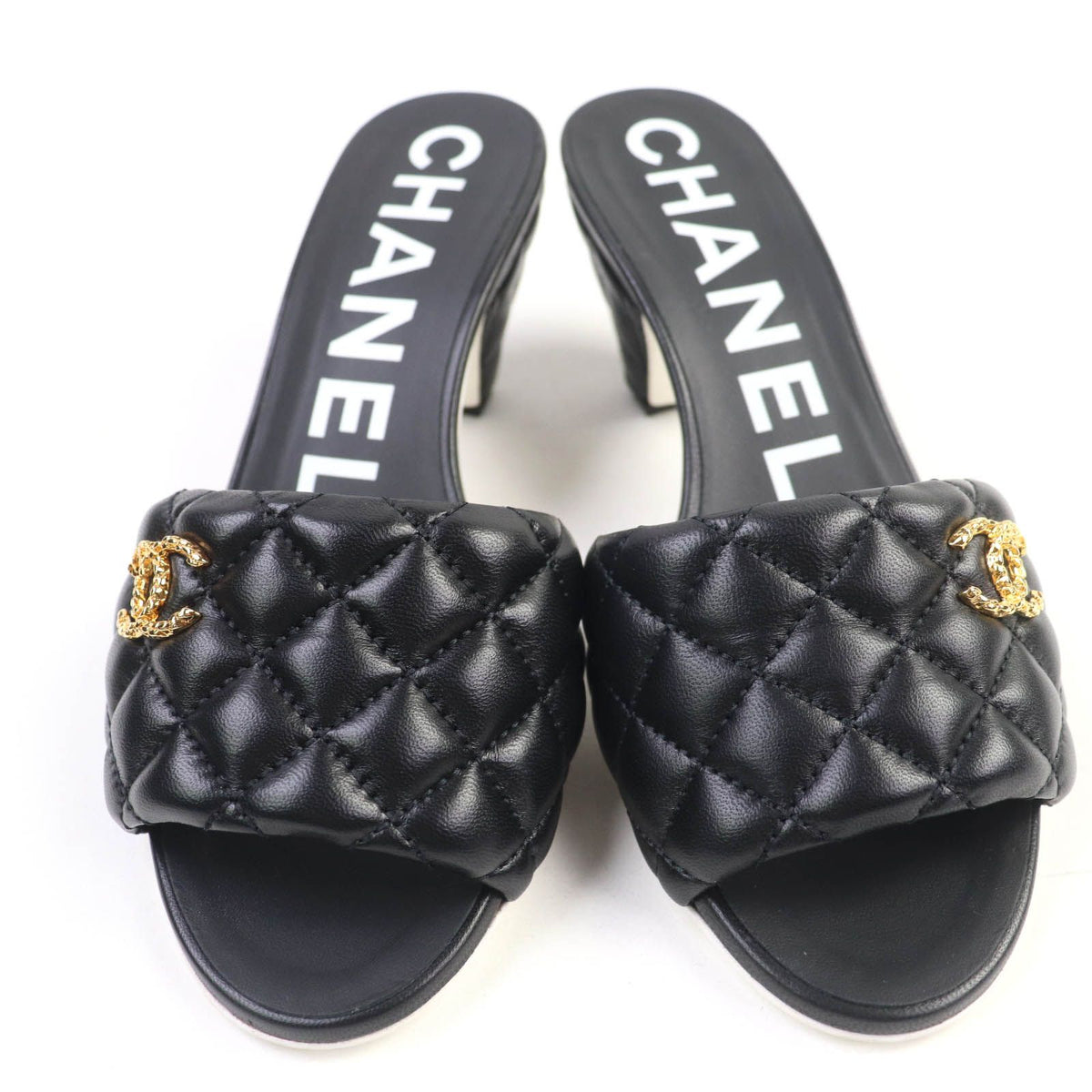 Chanel Quilted Lambskin Sandals Black Gold — view 4