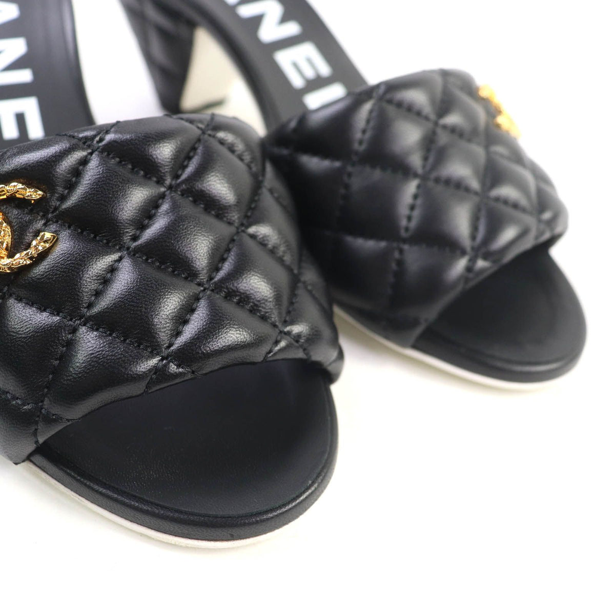 Chanel Quilted Lambskin Sandals Black Gold — view 8