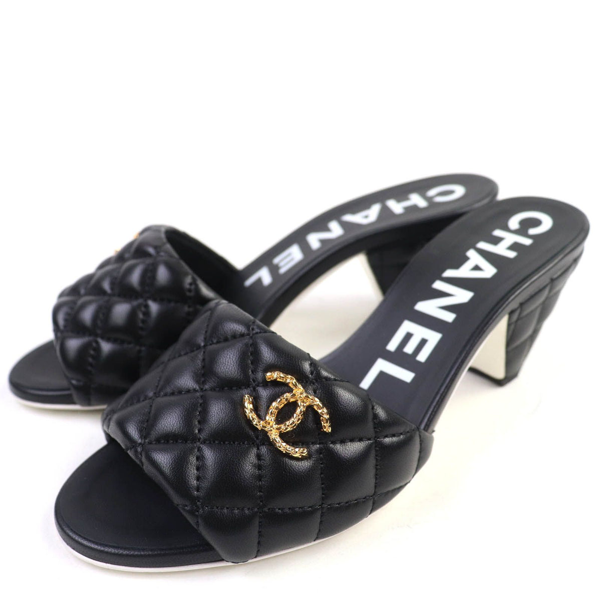 Chanel Quilted Lambskin Sandals Black Gold