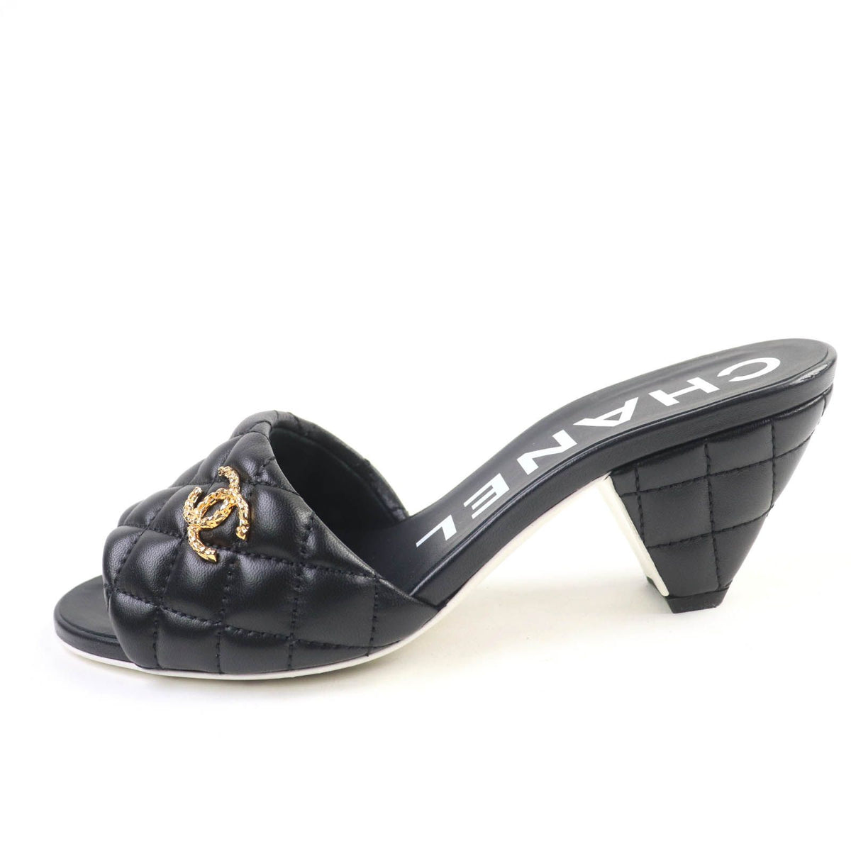 Chanel Quilted Lambskin Sandals Black Gold — view 5