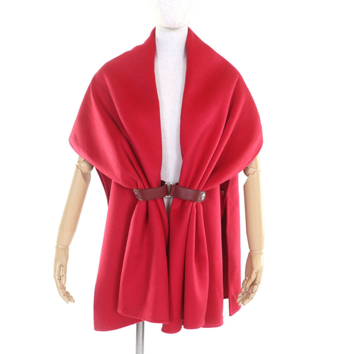 Hermes Leather with Belt Cashmere 100% Poncho Cape Coat Red 36