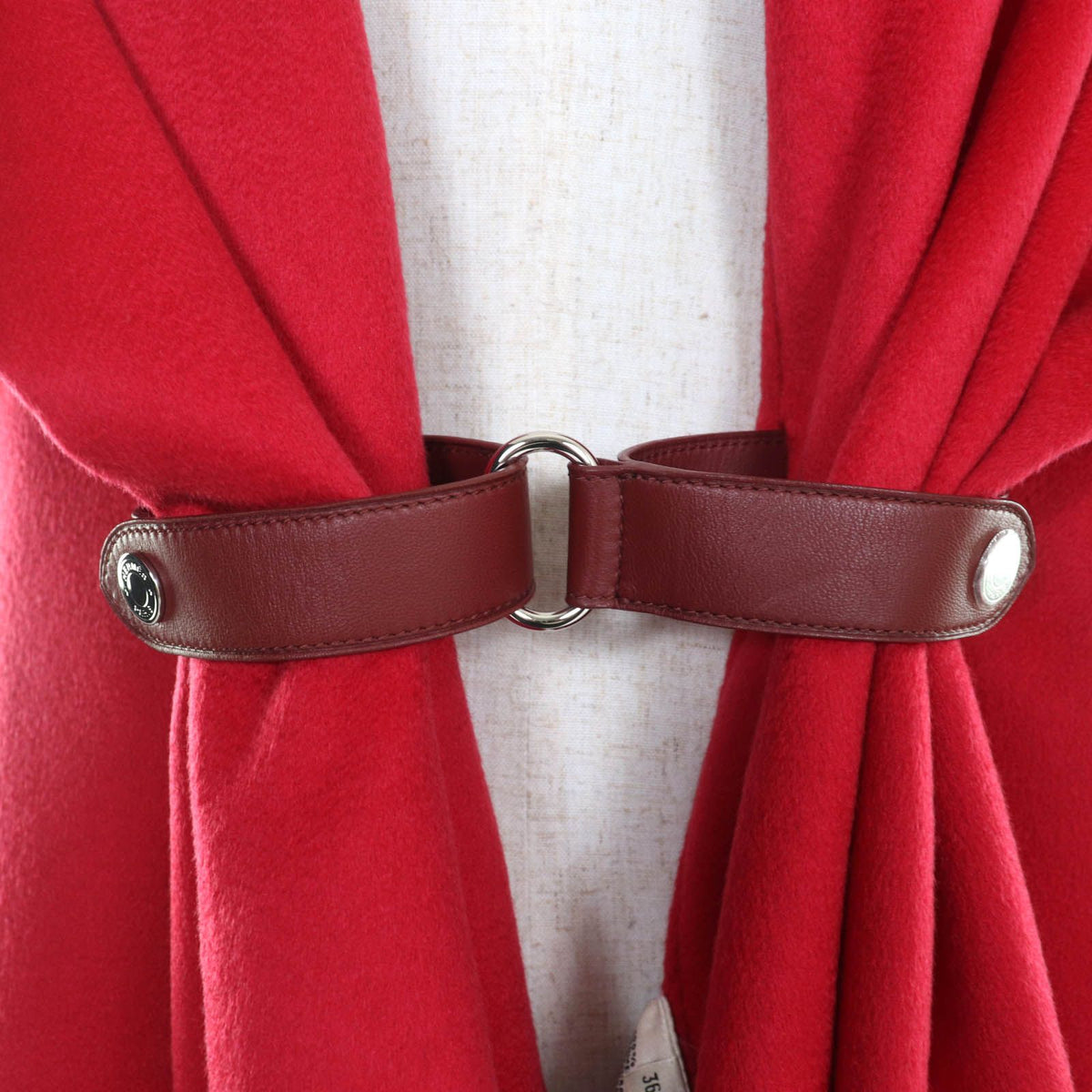 Hermes Leather with Belt Cashmere 100% Poncho Cape Coat Red 36 — view 6
