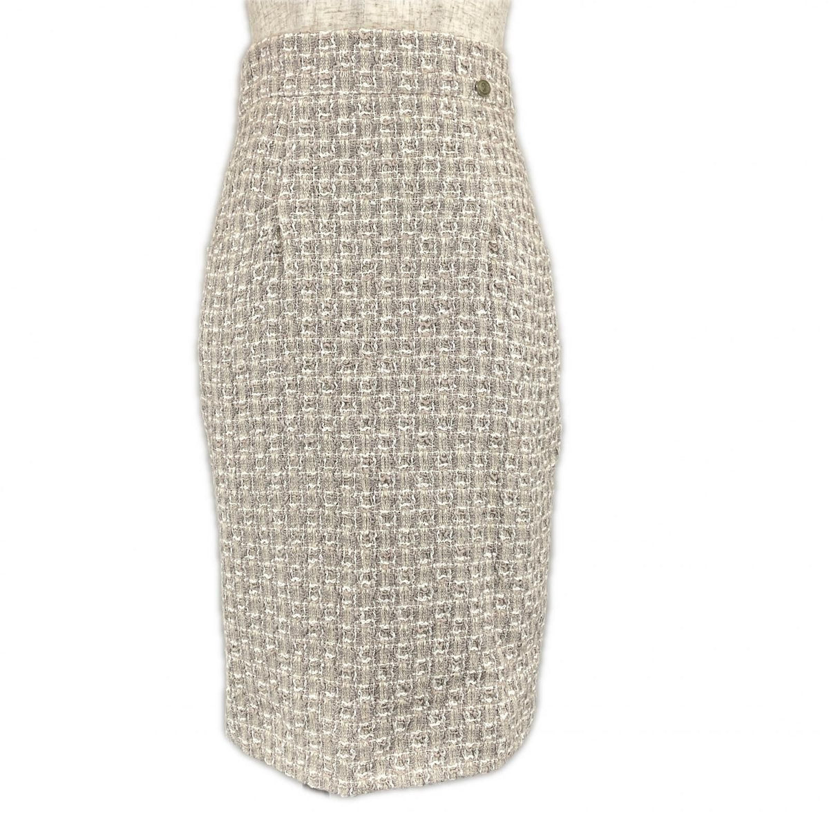 Chanel CC Logo Parts Knee-Length Tweed Skirt Pencil Beige 36