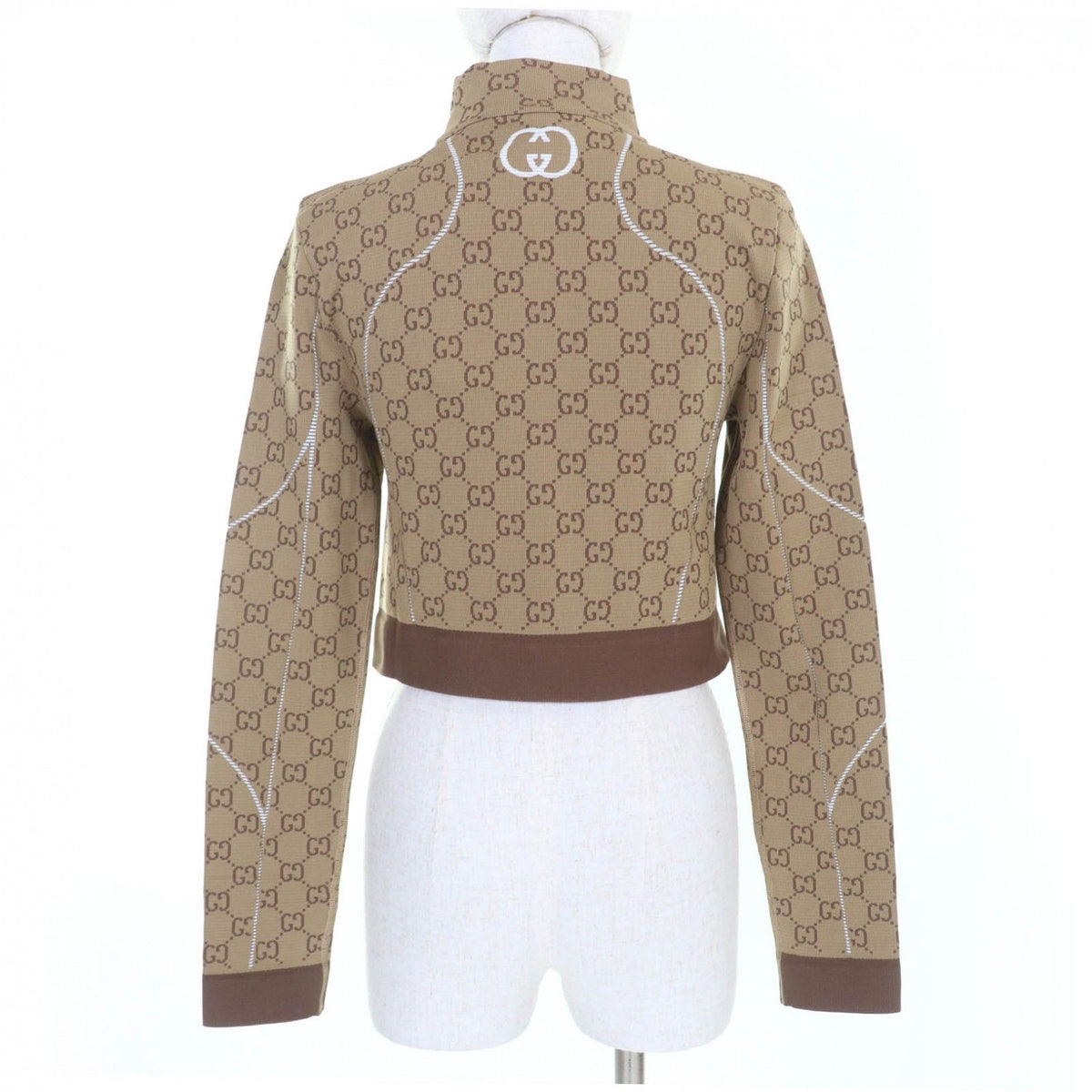 Gucci GG Pattern Cropped Length Front Zip Long Sleeve Top Brown — view 3