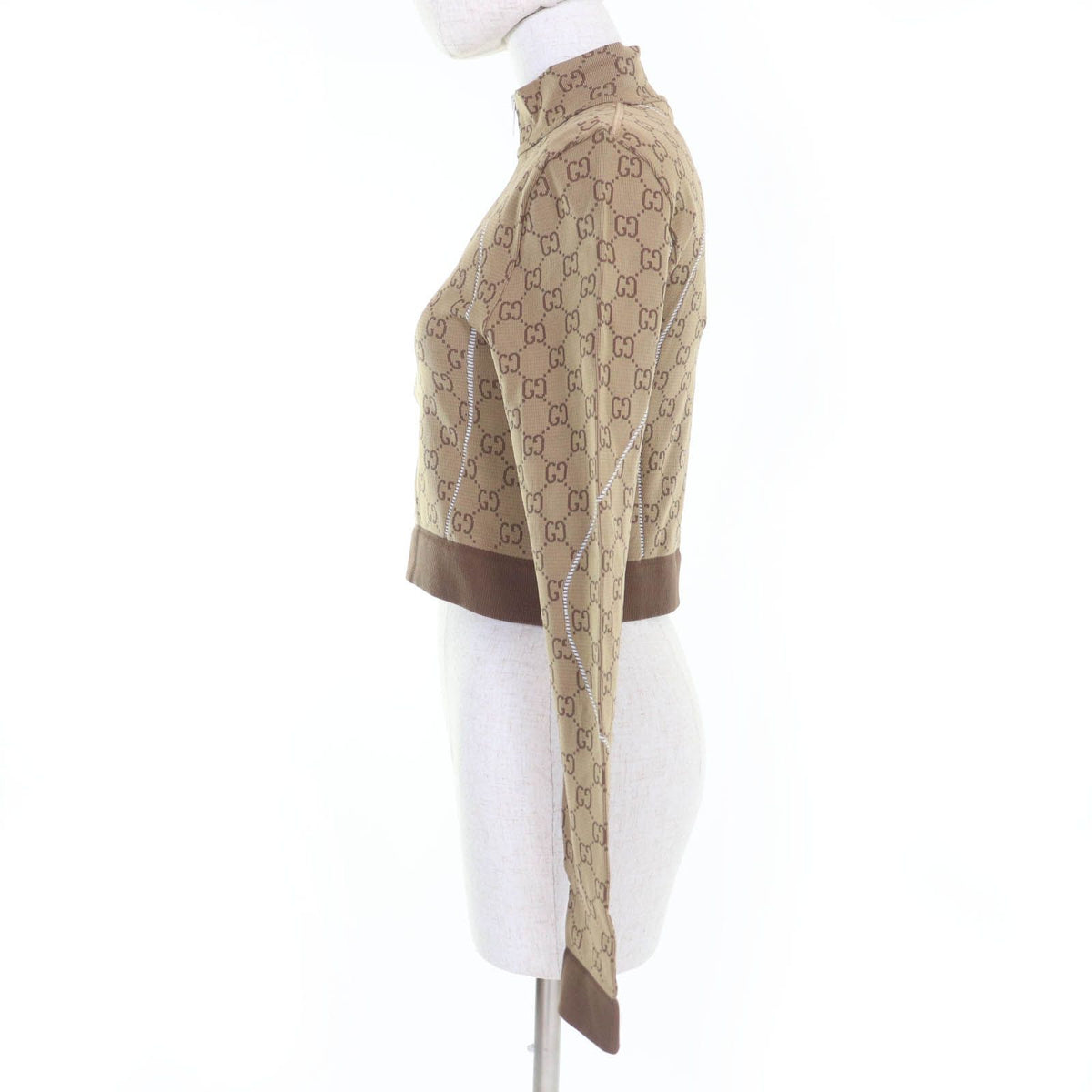 Gucci GG Pattern Cropped Length Front Zip Long Sleeve Top Brown — view 2