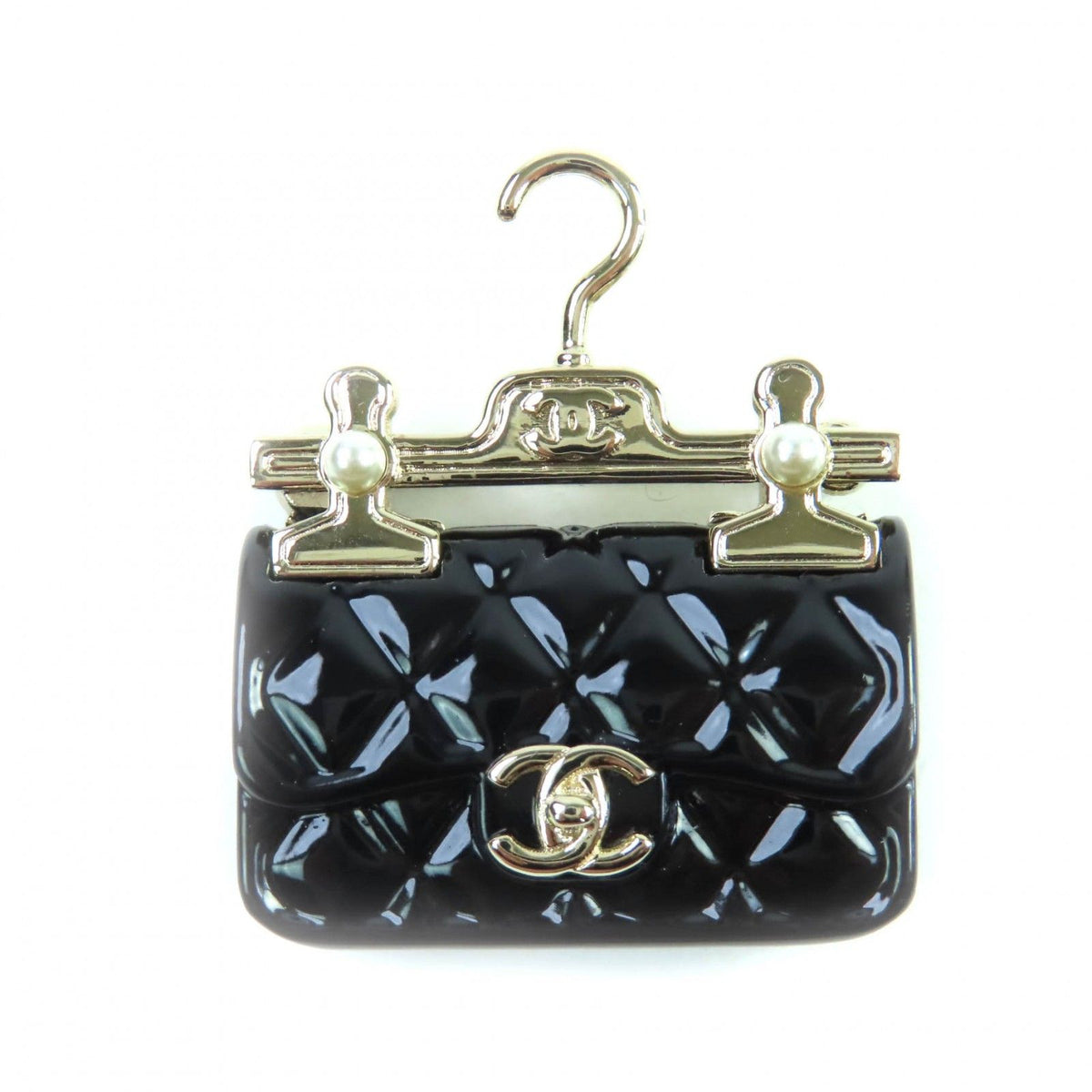 Chanel CC Logo Pearl Design Brooch Black Gold