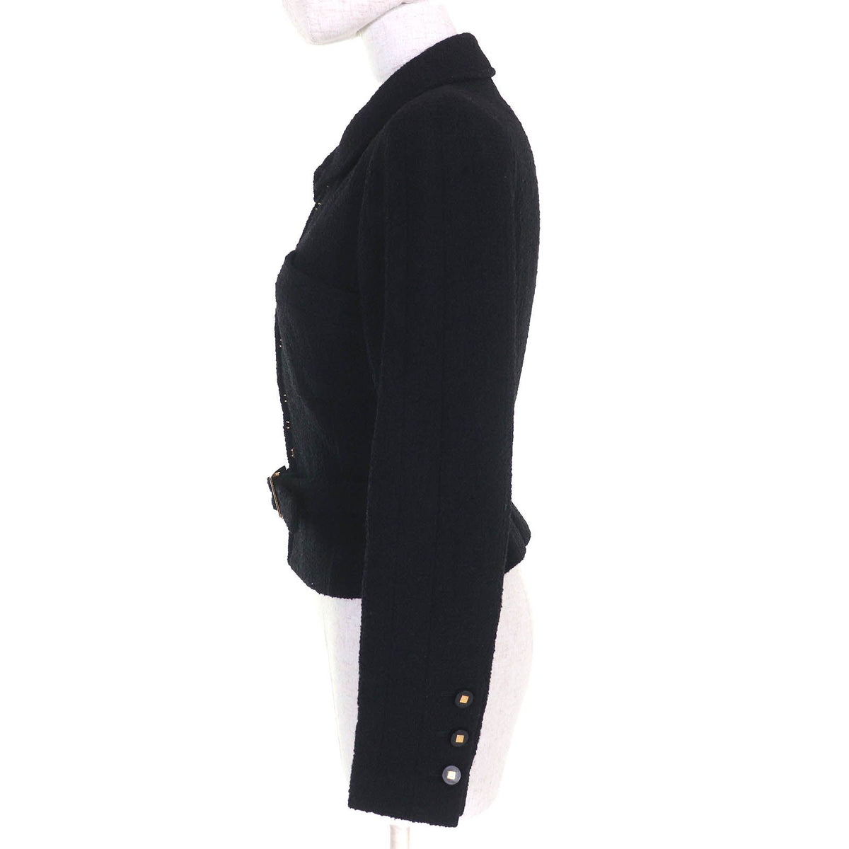 Chanel Vintage 96A CC Logo Button Belted Wool Tweed Short Jacket Black 36 — view 2