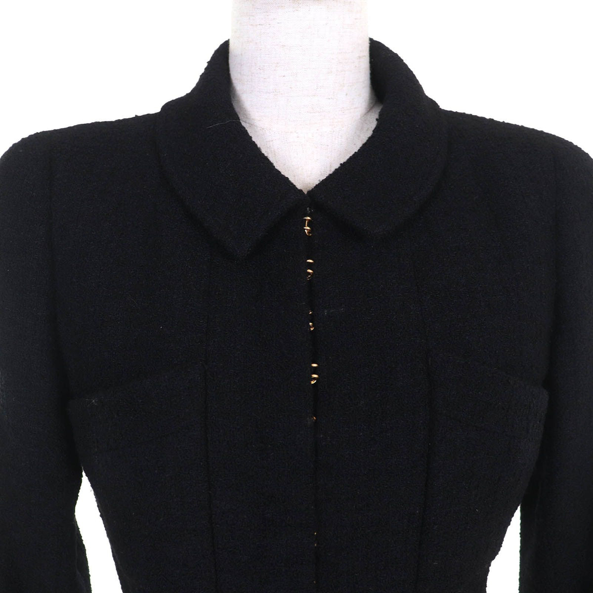 Chanel Vintage 96A CC Logo Button Belted Wool Tweed Short Jacket Black 36 — view 4