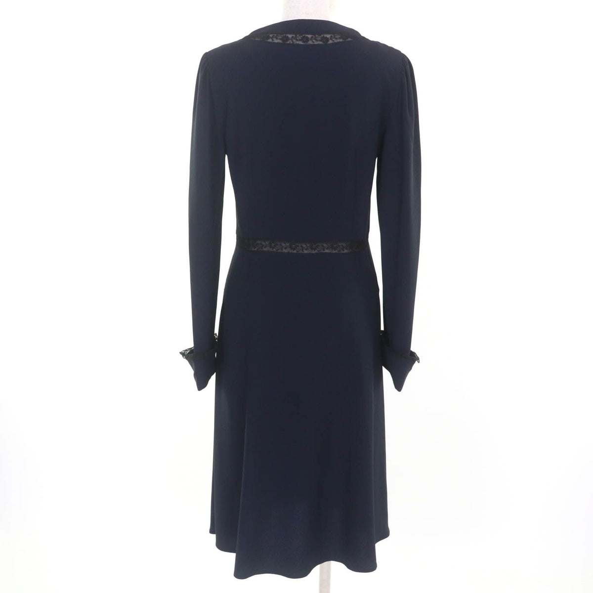 Prada Lace Combination V-neck Long Sleeve Dress Navy 40 — view 3