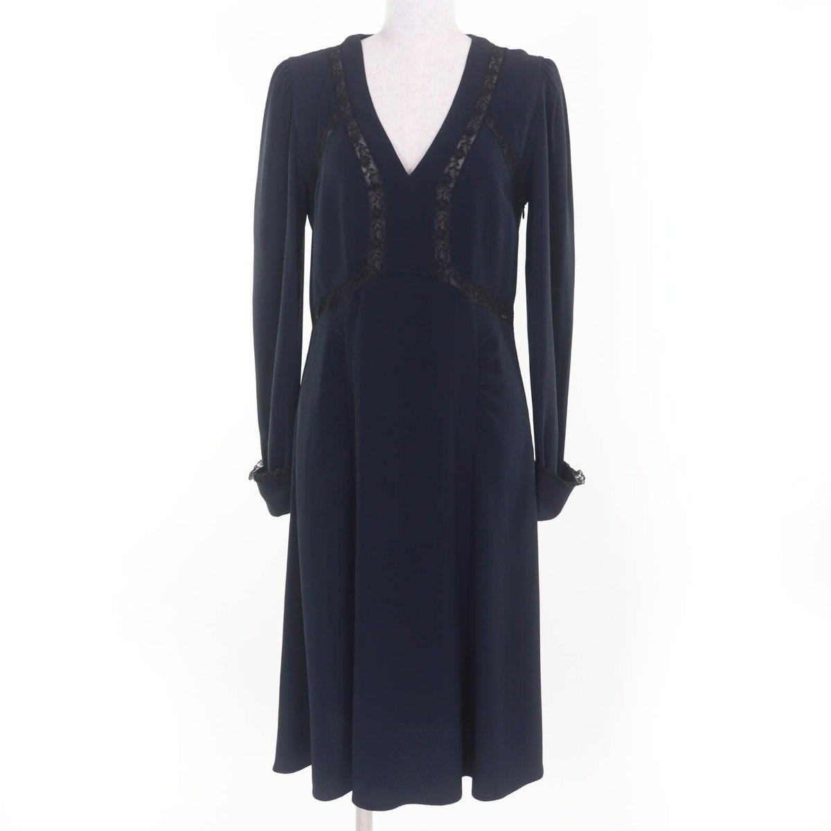 Prada Lace Combination V-neck Long Sleeve Dress Navy 40
