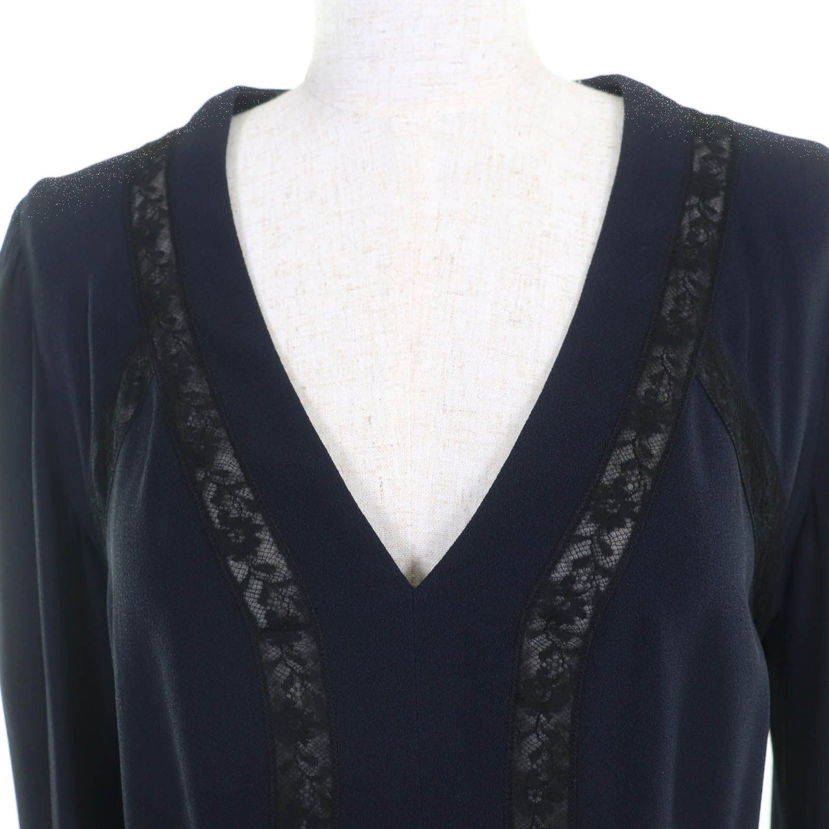 Prada Lace Combination V-neck Long Sleeve Dress Navy 40 — view 4