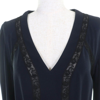 Prada Lace Combination V-neck Long Sleeve Dress Navy 40 — view 4
