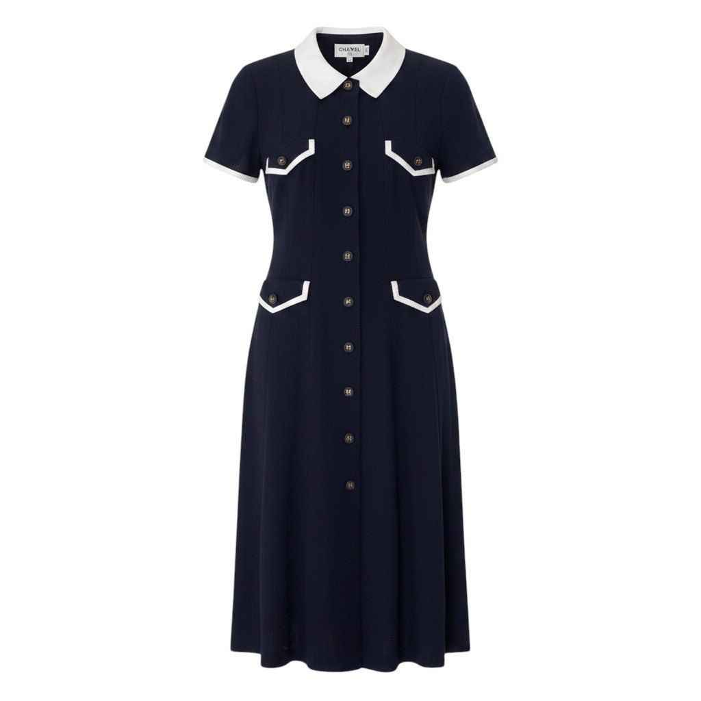 Chanel Runway CC Logo Button Dress 36 Navy White Cotton