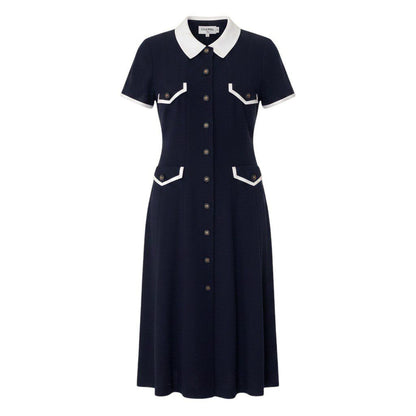 Chanel Runway CC Logo Button Dress 36 Navy White Cotton