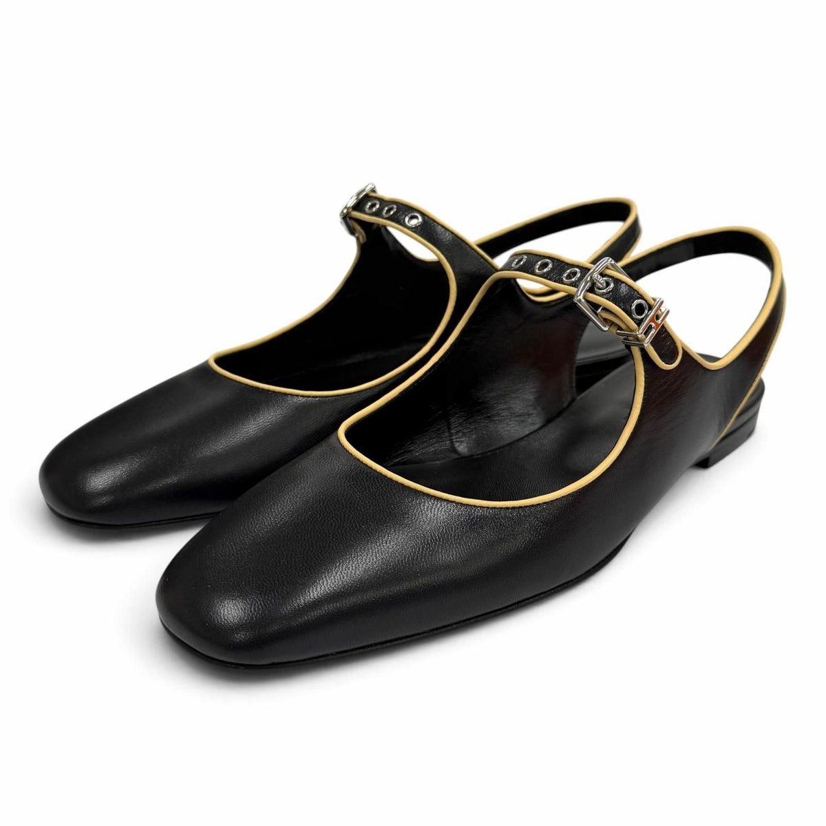 Hermes Cleo H Buckle Square Toe Leather Ballet Shoes Black