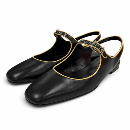 Hermes Cleo H Buckle Square Toe Leather Ballet Shoes Black