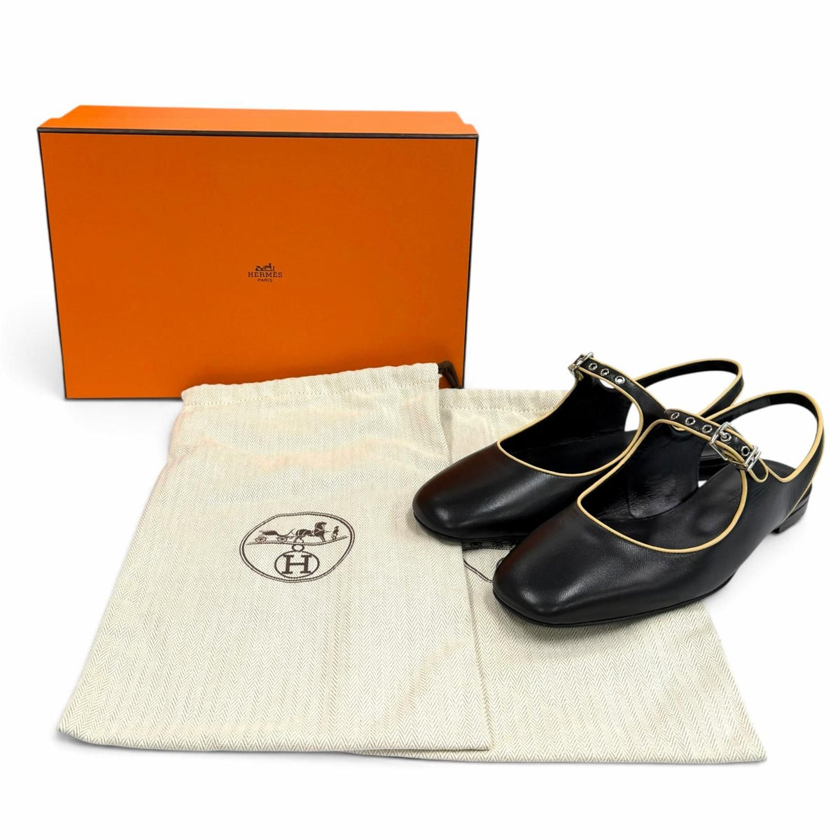Hermes Cleo H Buckle Square Toe Leather Ballet Shoes Black — view 2