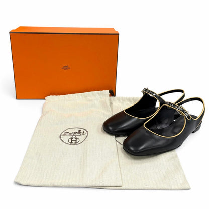 Hermes Cleo H Buckle Square Toe Leather Ballet Shoes Black — view 2