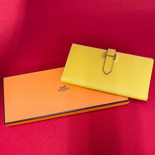 Hermes Bearn Soufflet Veau Epsom Wallet Billfold Coin Purse Yellow