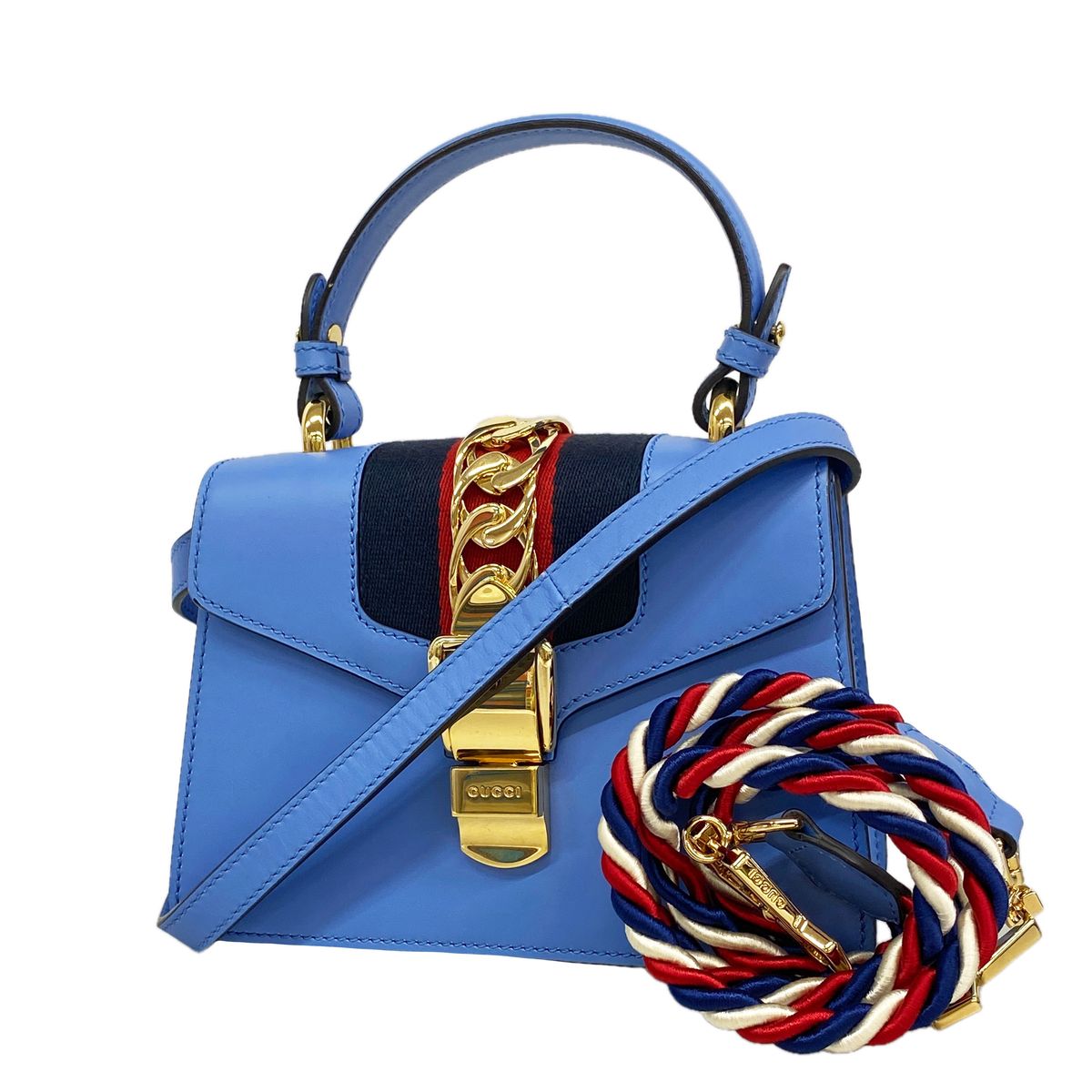 Gucci Handbag Sylvie Leather Blue Gold 2-Way Bag