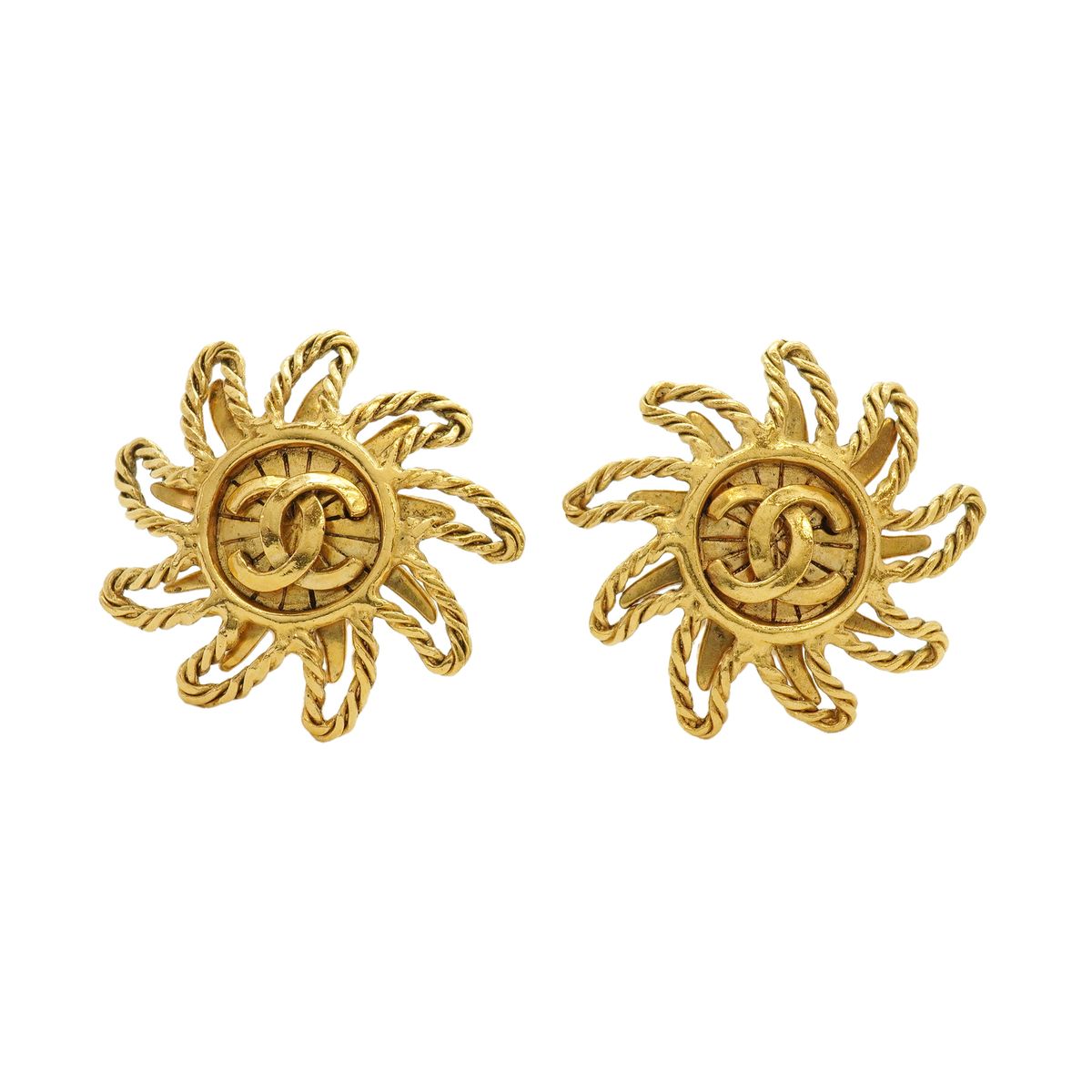 Chanel Earrings Vintage CC Logo Sun Motif Gold Plated