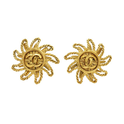 Chanel Earrings Vintage CC Logo Sun Motif Gold Plated