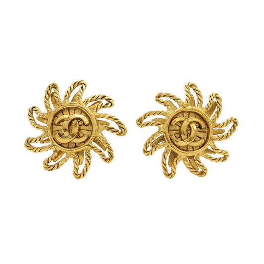 Chanel Earrings Vintage CC Logo Sun Motif Gold Plated