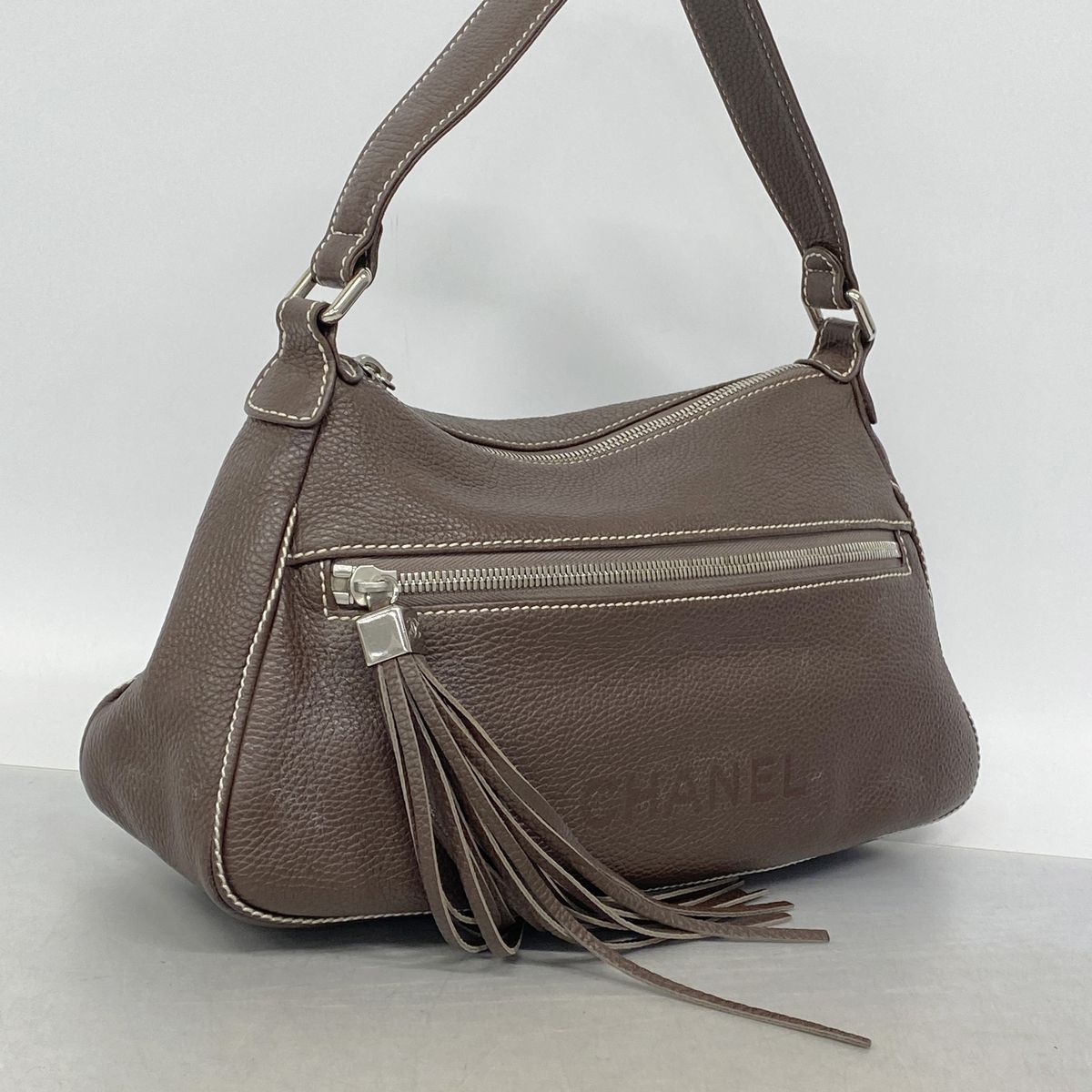 Chanel Shoulder Bag Leather Brown Silver — view 2