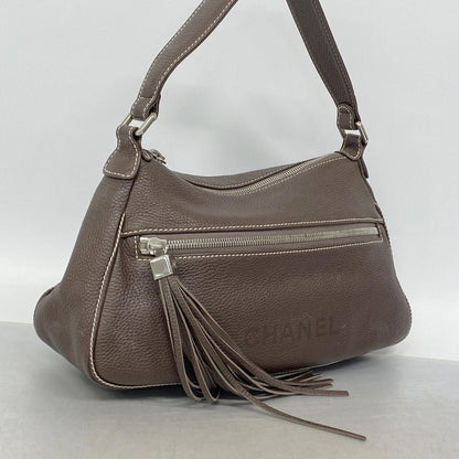 Chanel Shoulder Bag Leather Brown Silver — view 2