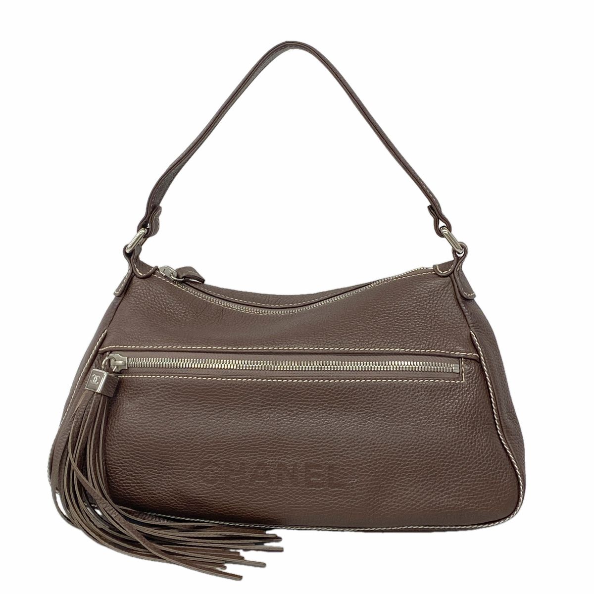 Chanel Shoulder Bag Leather Brown Silver