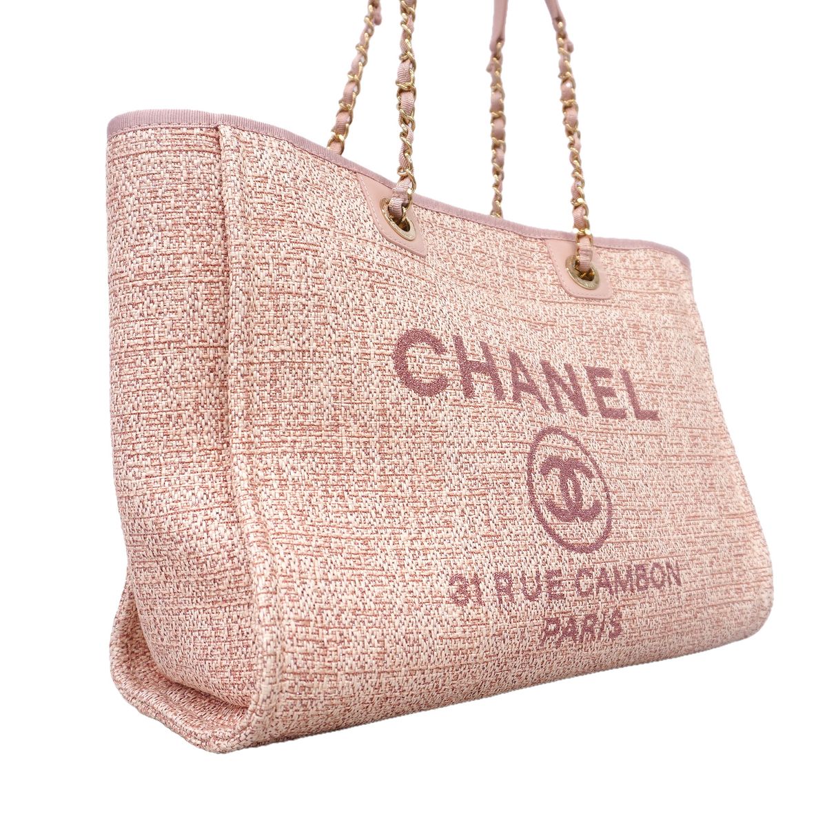 Chanel Chain Tote Bag Deauville Tweed Pink Champagne Gold — view 2