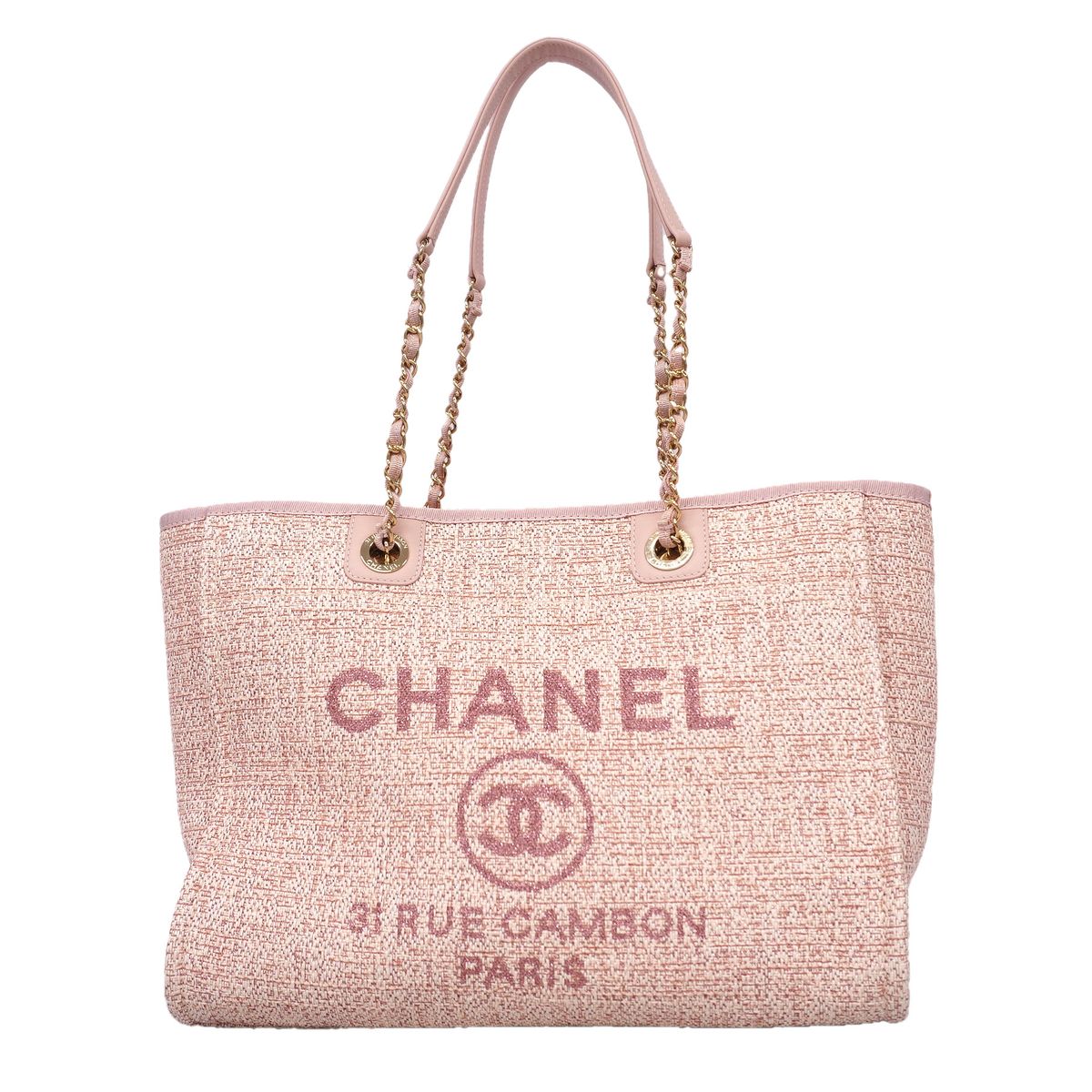 Chanel Chain Tote Bag Deauville Tweed Pink Champagne Gold