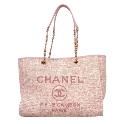 Chanel Chain Tote Bag Deauville Tweed Pink Champagne Gold