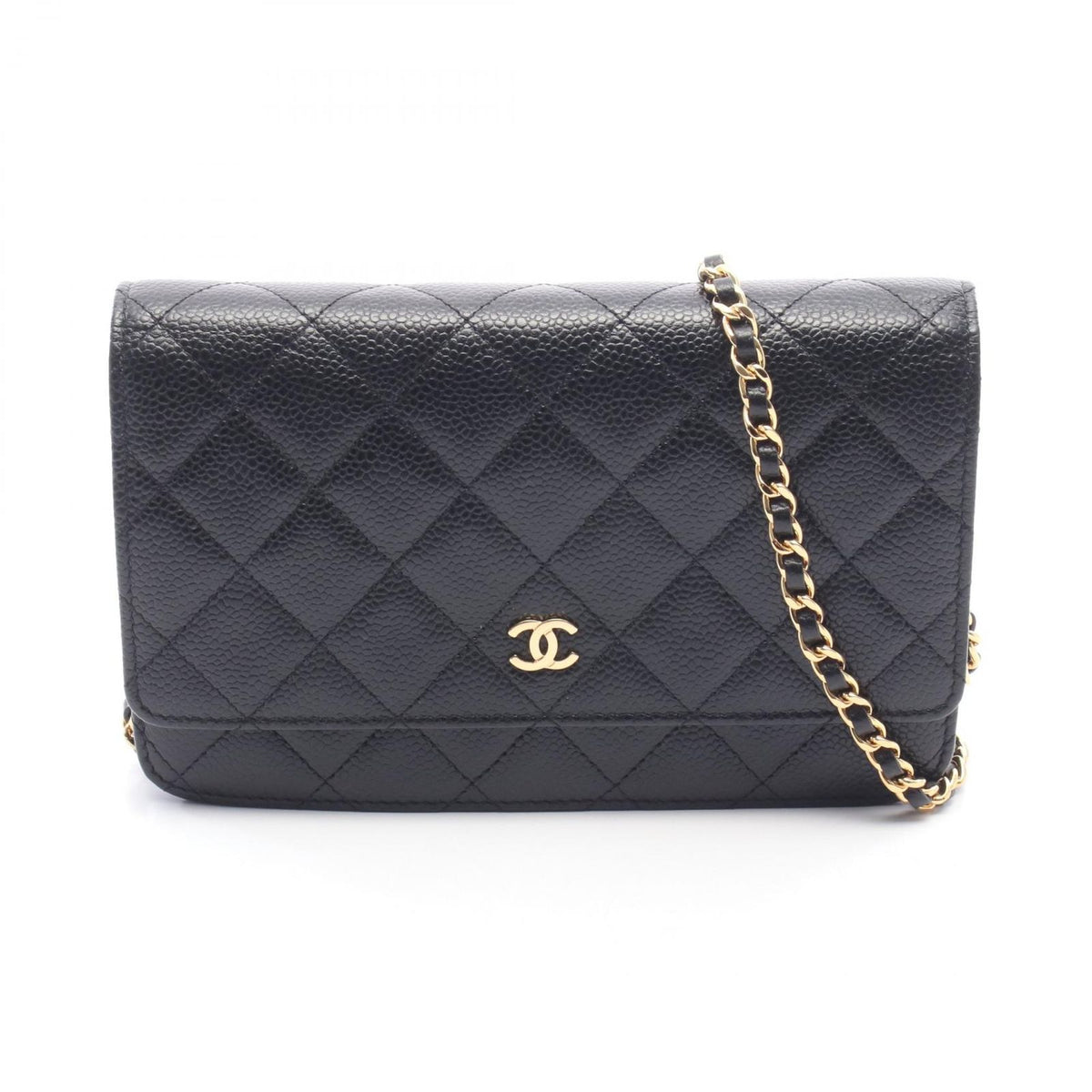 Chanel Shoulder Bag Quilted Black Caviar Leather Chain Wallet