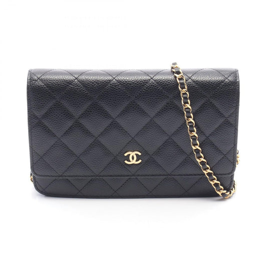 Chanel Shoulder Bag Quilted Black Caviar Leather Chain Wallet