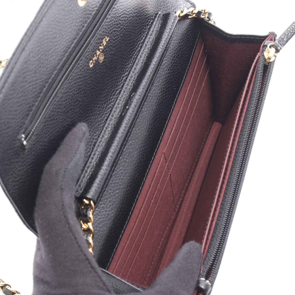 Chanel Shoulder Bag Quilted Black Caviar Leather Chain Wallet — view 3